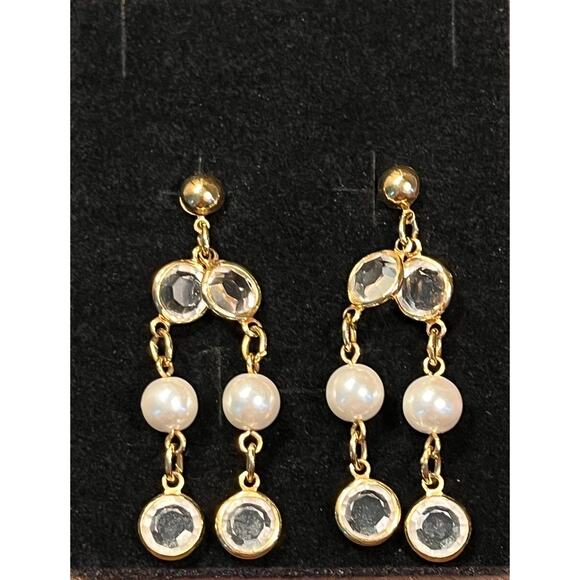Y2K Faux Pearl Rhinestone Dangle Earrings Gold Tone Coquette Glam Vintage - Picture 1 of 6